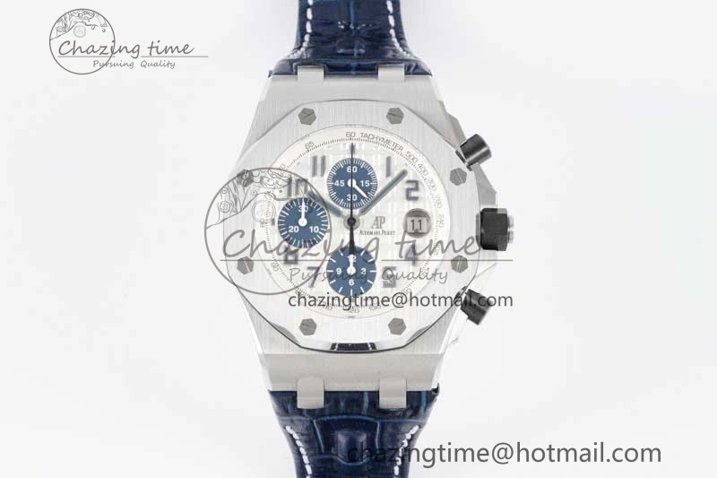 Royal Oak Offshore 42mm SS APF 1:1 Best Edition White Blue Dial on Blue Leather Strap A7750