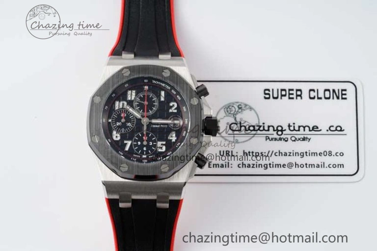 Royal Oak Offshore 42mm SS Black Ceramic Bezel APF 1:1 Best Edition Black Dial on Black Red Rubber Strap A3126