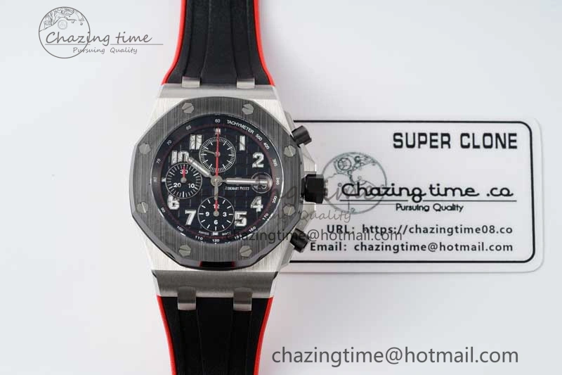 Royal Oak Offshore 42mm SS Black Ceramic Bezel APF 1:1 Best Edition Black Dial on Black Red Rubber Strap A3126