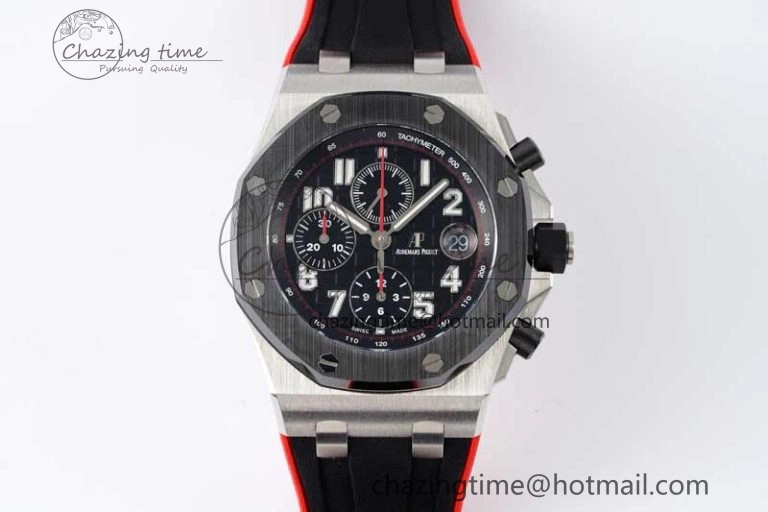 Royal Oak Offshore 42mm SS Black Ceramic Bezel APF 1:1 Best Edition Black Dial on Black Red Rubber Strap A3126