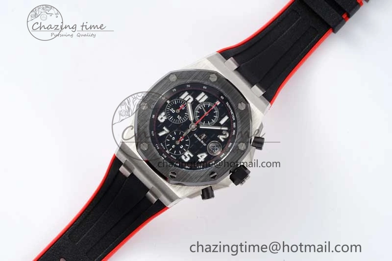 Royal Oak Offshore 42mm SS Black Ceramic Bezel APF 1:1 Best Edition Black Dial on Black Red Rubber Strap A3126