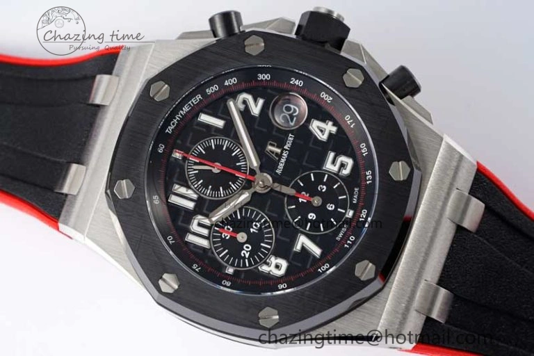 Royal Oak Offshore 42mm SS Black Ceramic Bezel APF 1:1 Best Edition Black Dial on Black Red Rubber Strap A3126