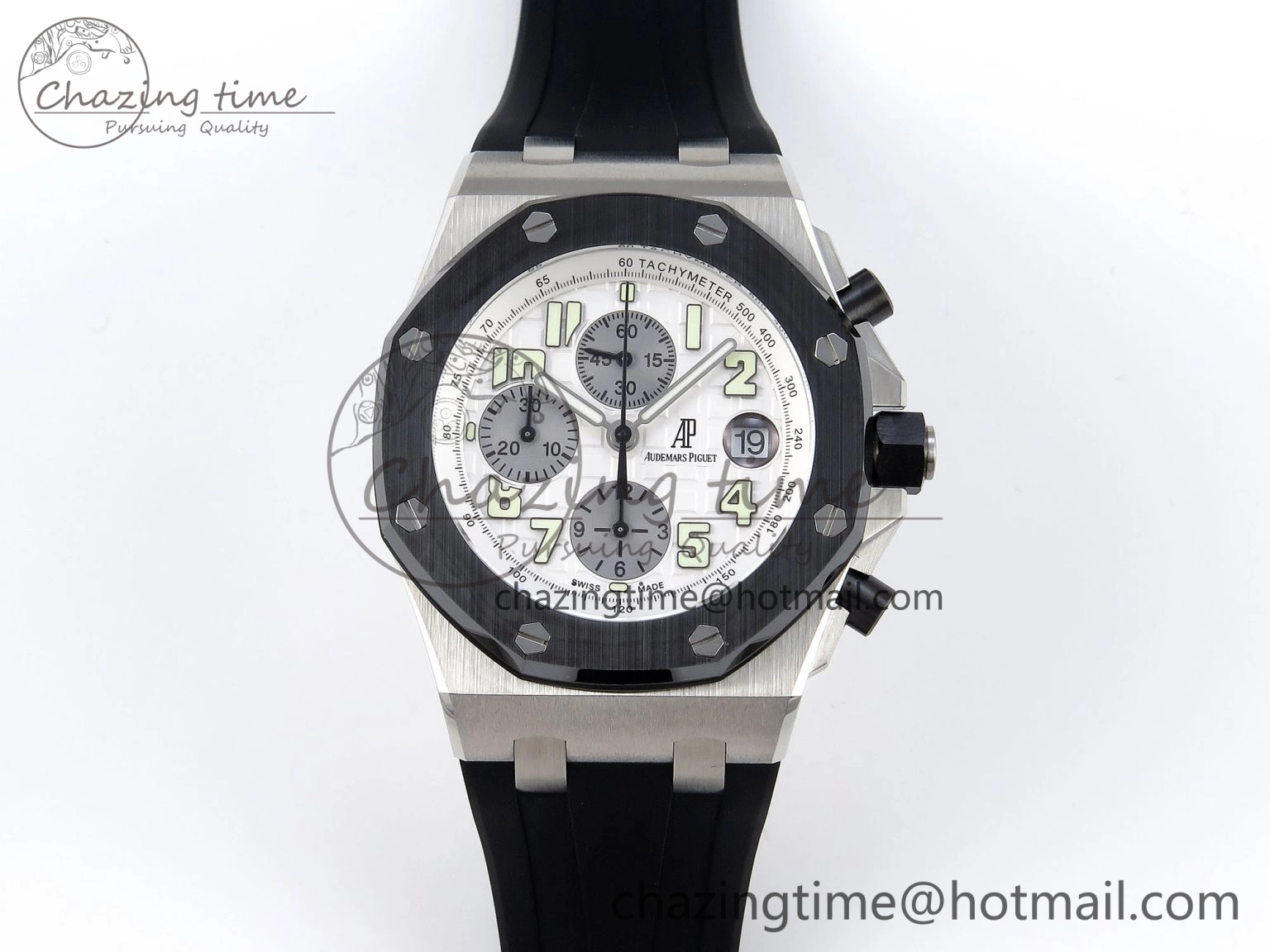 Royal Oak Offshore 42mm SS Black Ceramic Bezel APF 1:1 Best Edition White Silver Dial on Black Rubber Strap A7750
