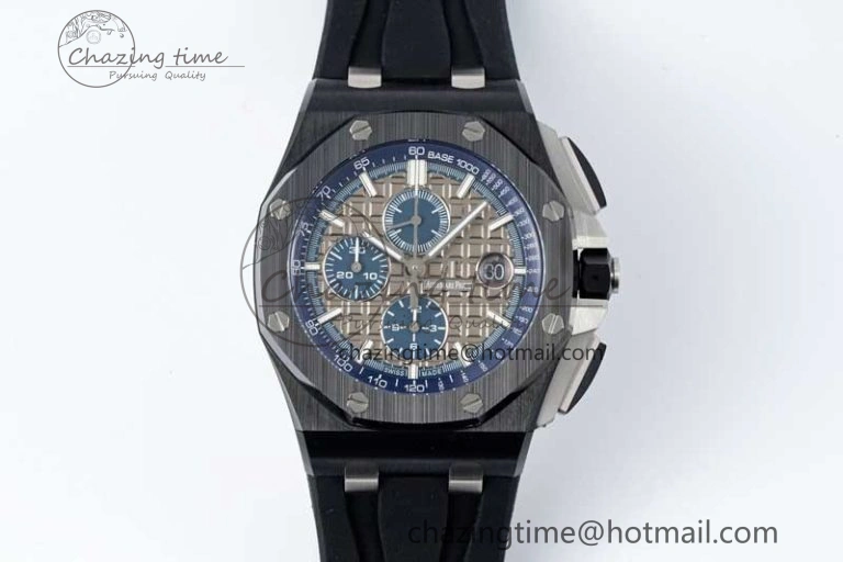 Royal Oak Offshore 44mm Black Ceramic Case APF 1:1 Best Edition Gray Blue Dial on Black Rubber Strap A3126
