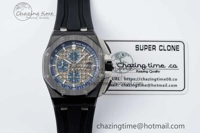 Royal Oak Offshore 44mm Black Ceramic Case APF 1:1 Best Edition Gray Blue Dial on Black Rubber Strap A3126