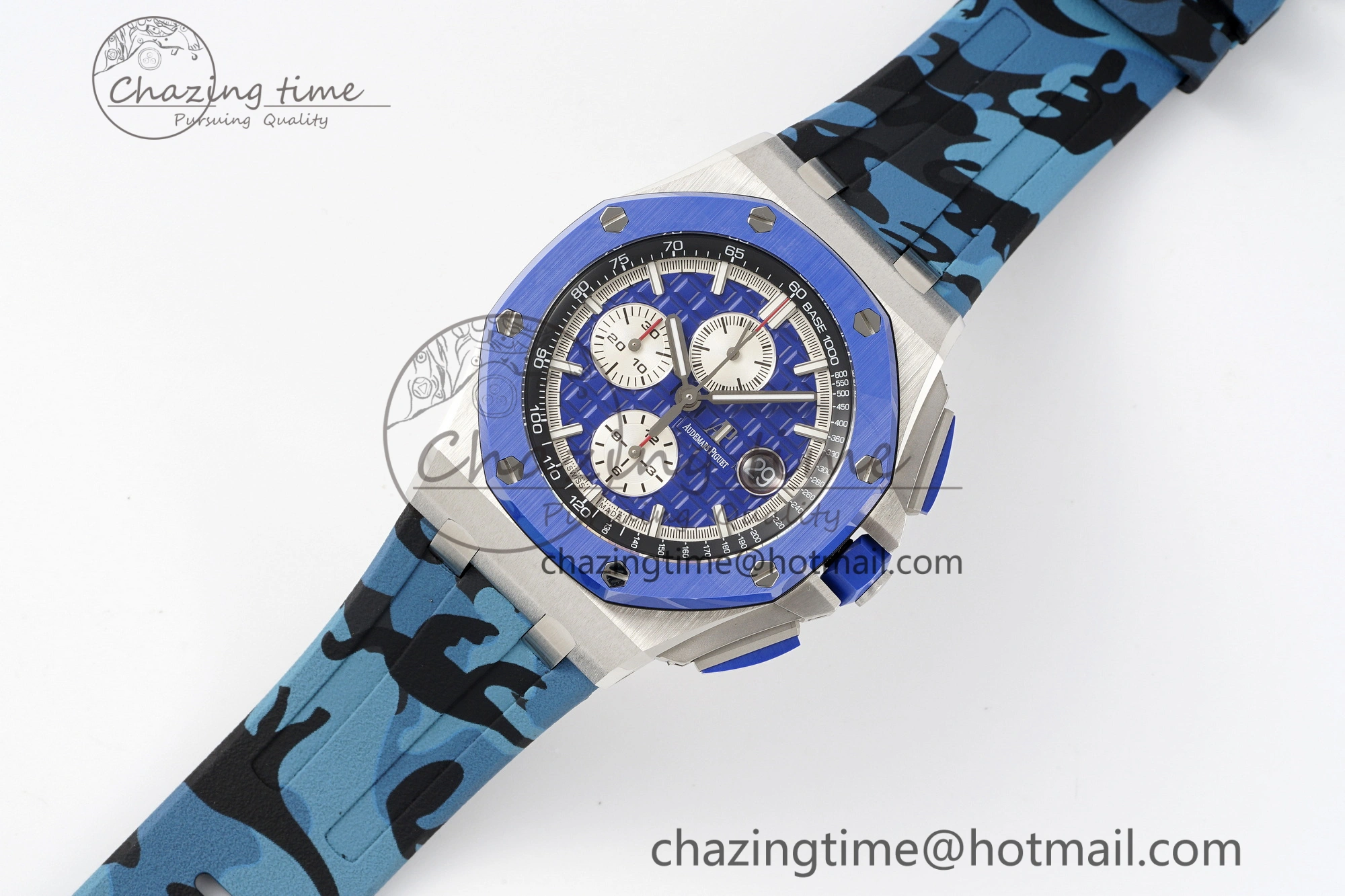 Royal Oak Offshore 44mm Blue Ceramic Bezel APF 1:1 Best Edition Blue Dial on Blue Camou Strap A3126 V2
