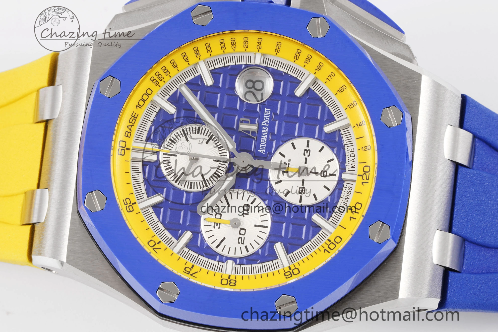 Royal Oak Offshore 44mm Blue Ceramic Bezel APF 1:1 Best Edition Blue Yellow Dial on Blue Yellow Rubber Strap A3126 V2
