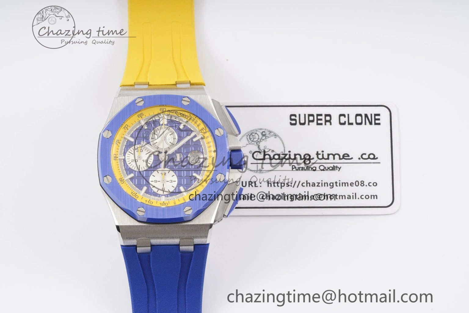 Royal Oak Offshore 44mm Blue Ceramic Bezel APF 1:1 Best Edition Blue Yellow Dial on Blue Yellow Rubber Strap A3126 V2