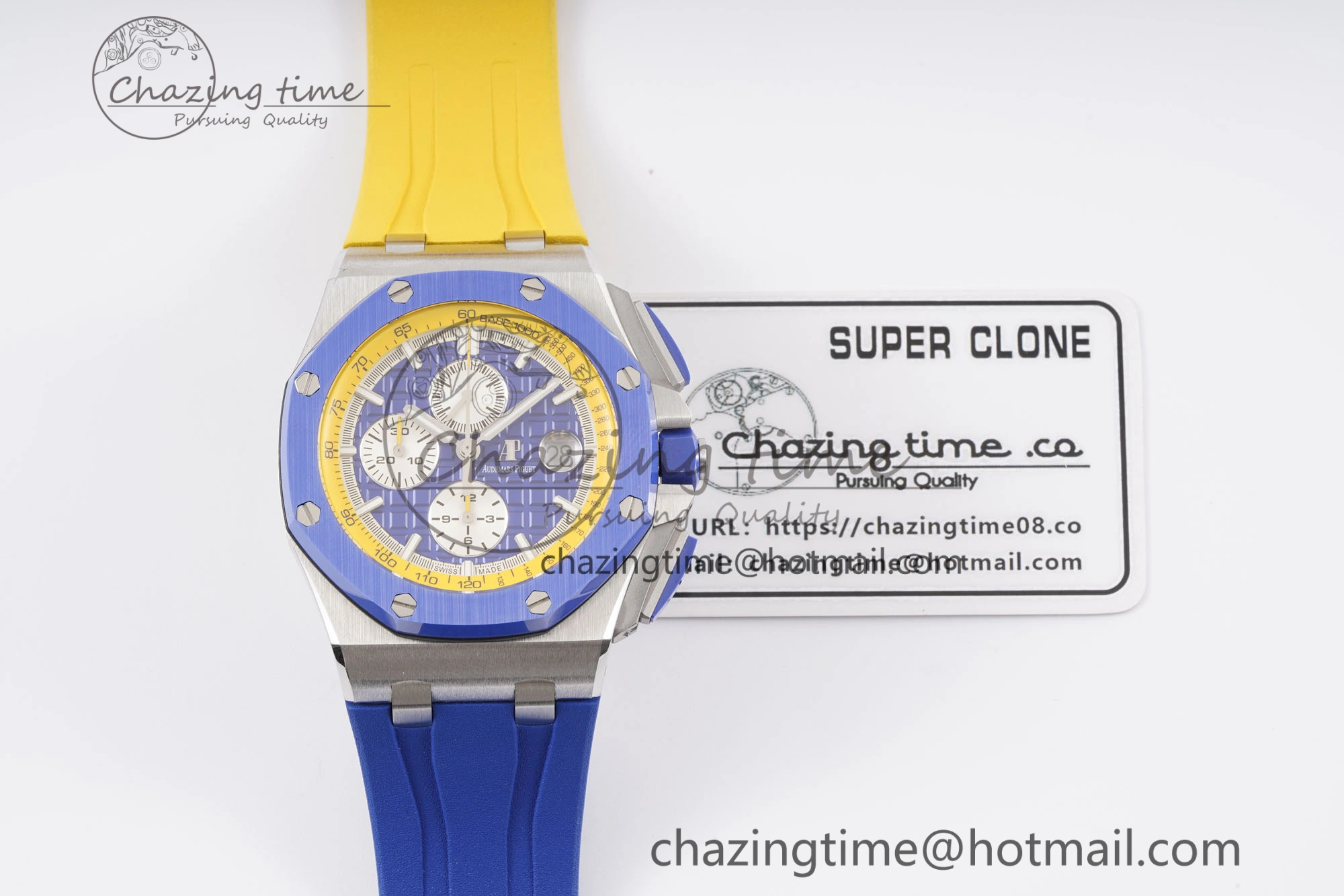 Royal Oak Offshore 44mm Blue Ceramic Bezel APF 1:1 Best Edition Blue Yellow Dial on Blue Yellow Rubber Strap A3126 V2