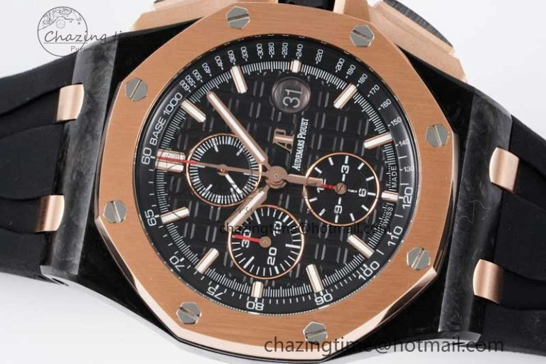 Royal Oak Offshore 44mm Forged Carbon RG Bezel APF 1:1 Best Edition Black Dial on Rubber Strap A3126 V2