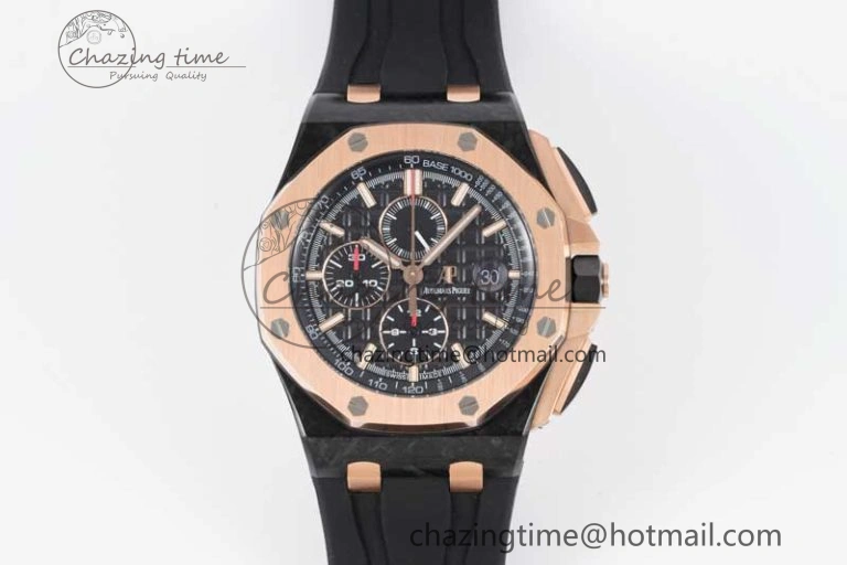 Royal Oak Offshore 44mm Forged Carbon RG Bezel JJF 1:1 Best Edition Black Dial on Rubber Strap A3126 V2