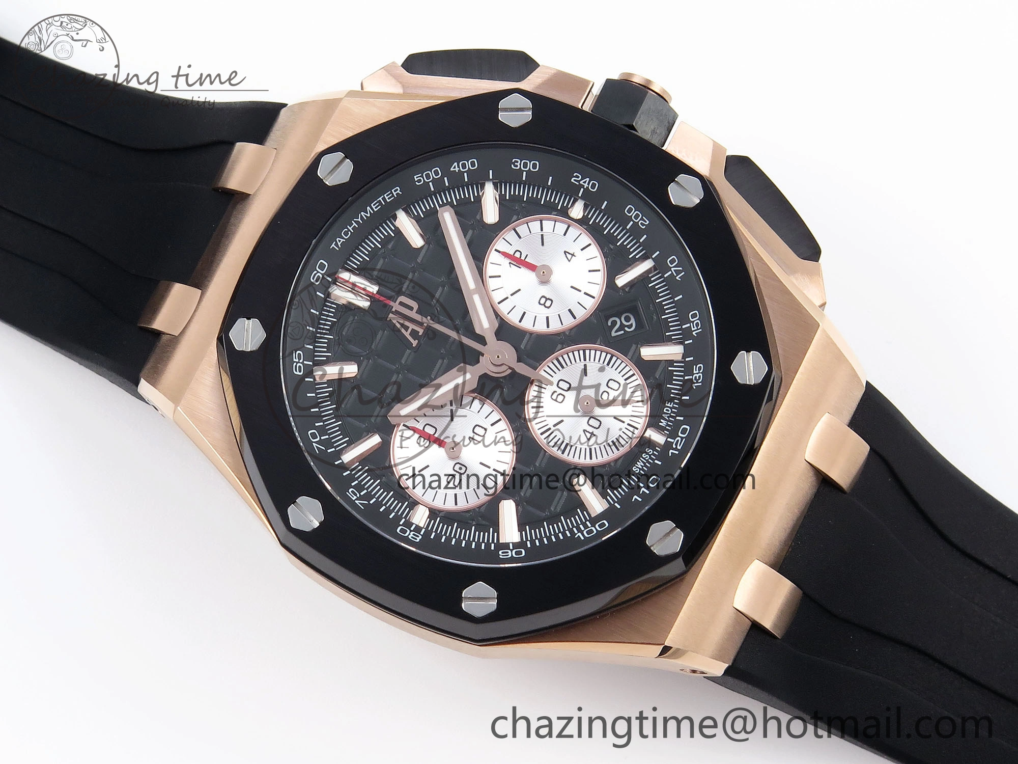 Royal Oak Offshore 44mm RG Black Ceramic Bezel APF 1:1 Best Edition Black Silver Dial on Black Rubber Strap A4401
