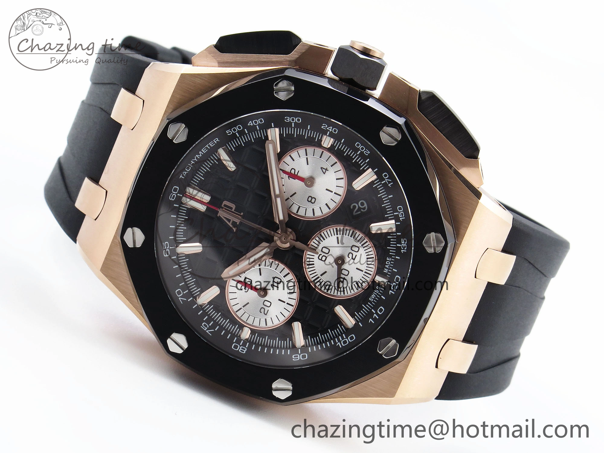 Royal Oak Offshore 44mm RG Black Ceramic Bezel APF 1:1 Best Edition Black Silver Dial on Black Rubber Strap A4401