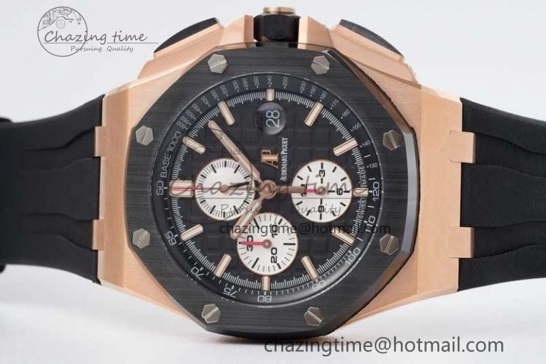 Royal Oak Offshore 44mm RG Ceramic Bezel JJF 1:1 Best Edition Black White Dial on Rubber Strap A3126 V2