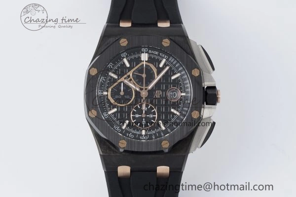 Royal Oak Offshore 44mm Real Ceramic APF 1:1 Best Edition Black Dial RG Markers on Rubber Strap A3126