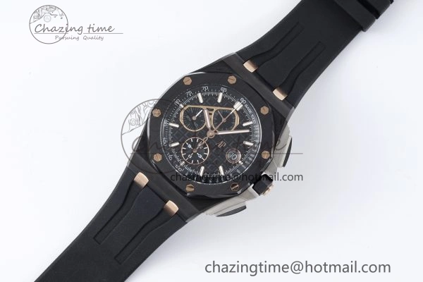 Royal Oak Offshore 44mm Real Ceramic APF 1:1 Best Edition Black Dial RG Markers on Rubber Strap A3126