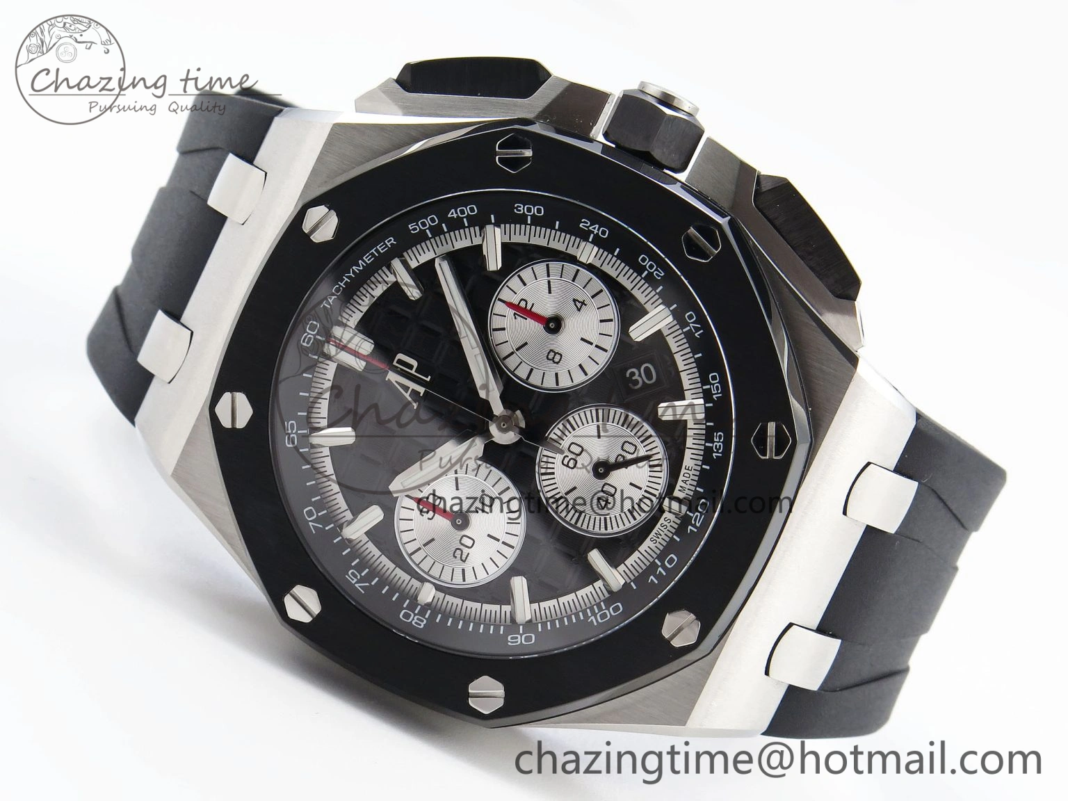 Royal Oak Offshore 44mm SS Black Ceramic Bezel APF 1:1 Best Edition Black Silver Dial on Black Rubber Strap A4401