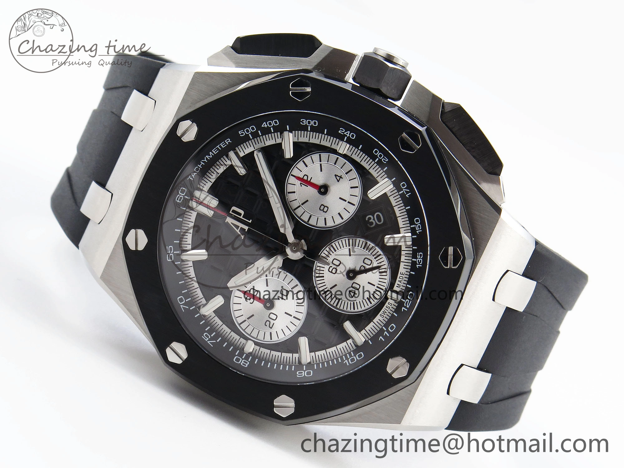 Royal Oak Offshore 44mm SS Black Ceramic Bezel APF 1:1 Best Edition Black Silver Dial on Black Rubber Strap A4401