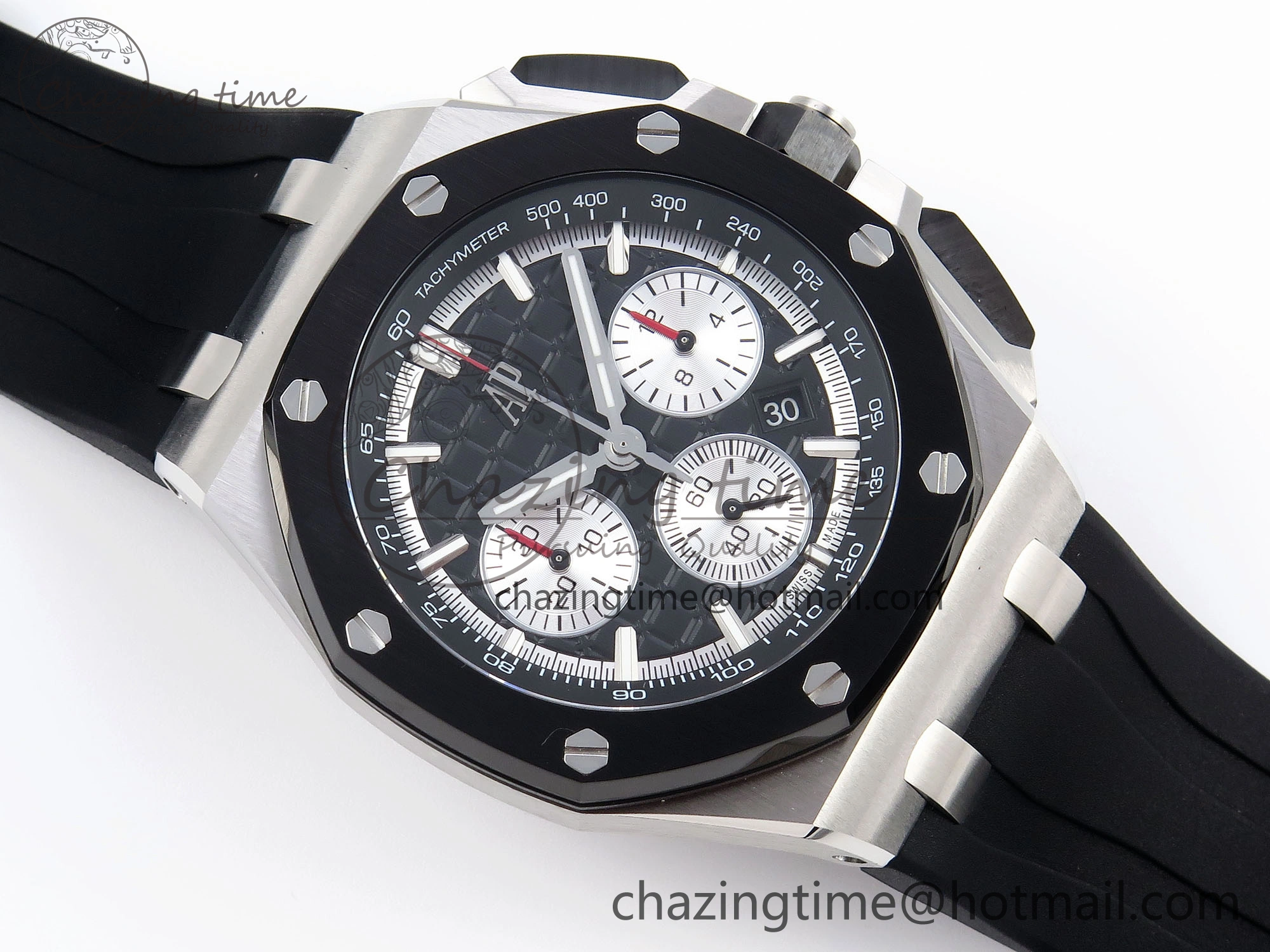 Royal Oak Offshore 44mm SS Black Ceramic Bezel APF 1:1 Best Edition Black Silver Dial on Black Rubber Strap A4401