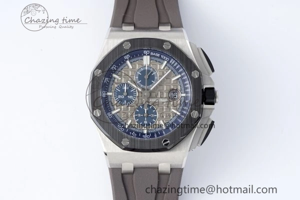Royal Oak Offshore 44mm SS Black Ceramic Bezel APF 1:1 Best Edition Gray Blue Dial on Gray Rubber Strap A3126