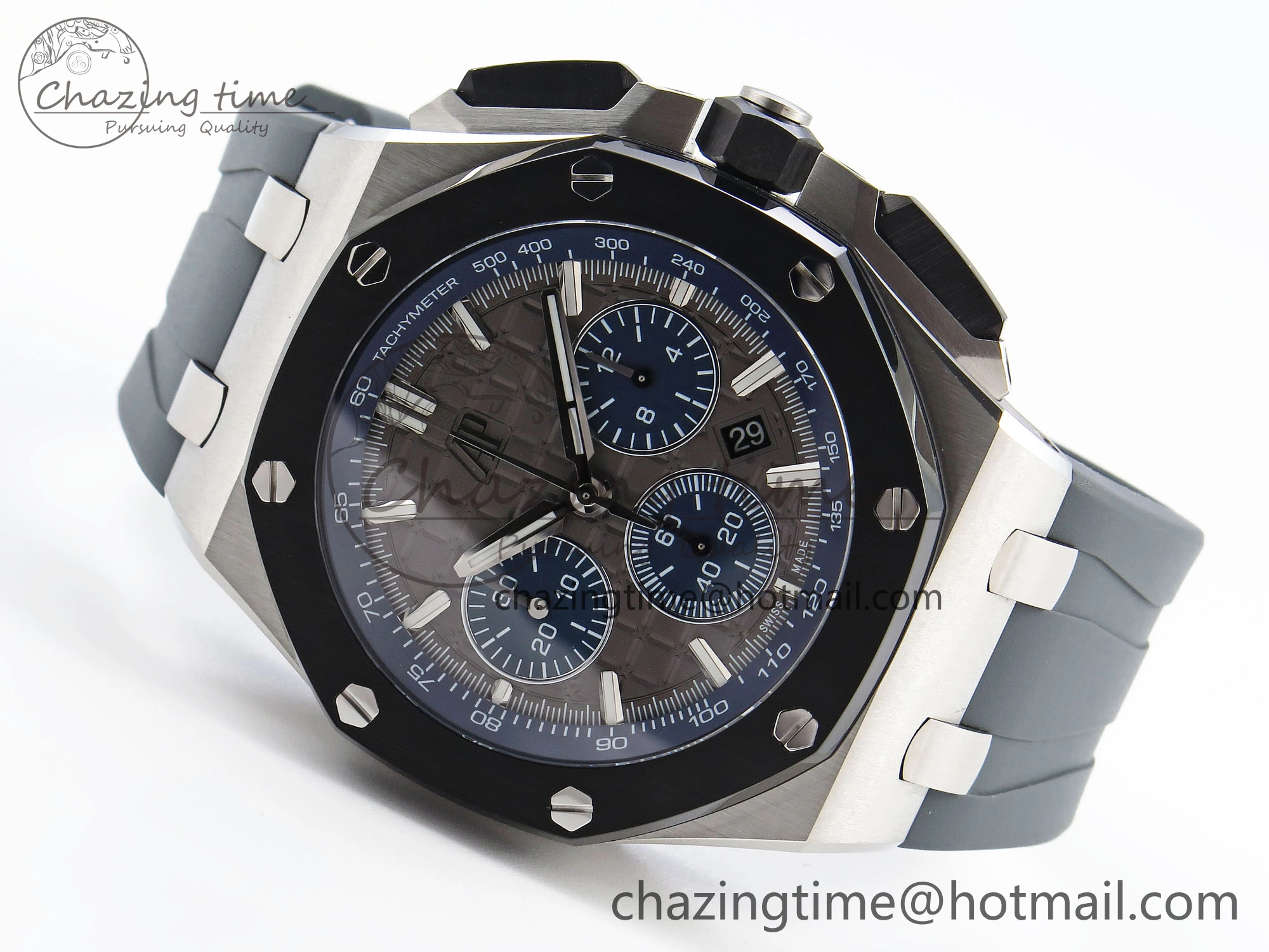 Royal Oak Offshore 44mm SS Black Ceramic Bezel APF 1:1 Best Edition Gray Blue Dial on Gray Rubber Strap A4401