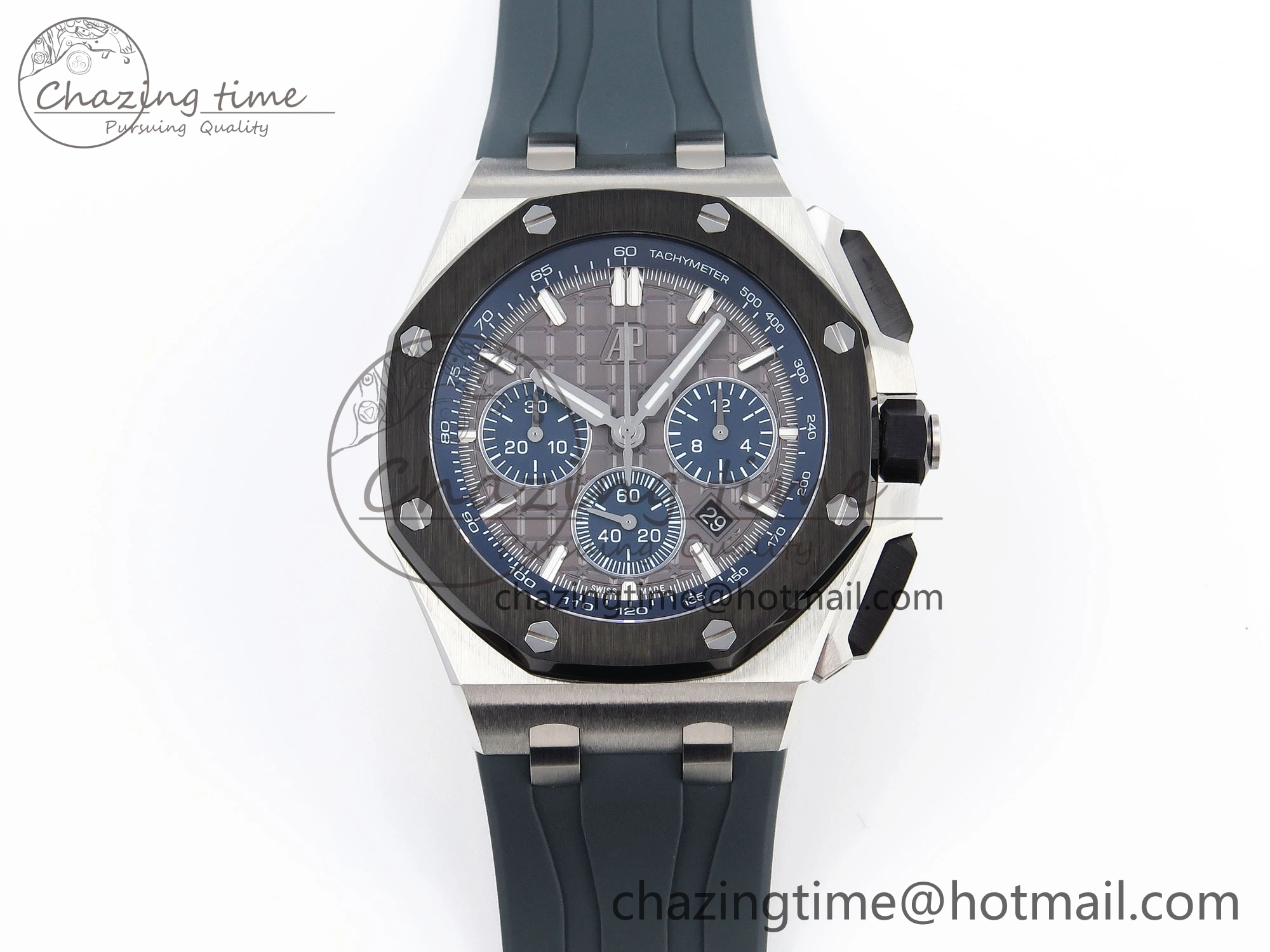 Royal Oak Offshore 44mm SS Black Ceramic Bezel APF 1:1 Best Edition Gray Blue Dial on Gray Rubber Strap A4401