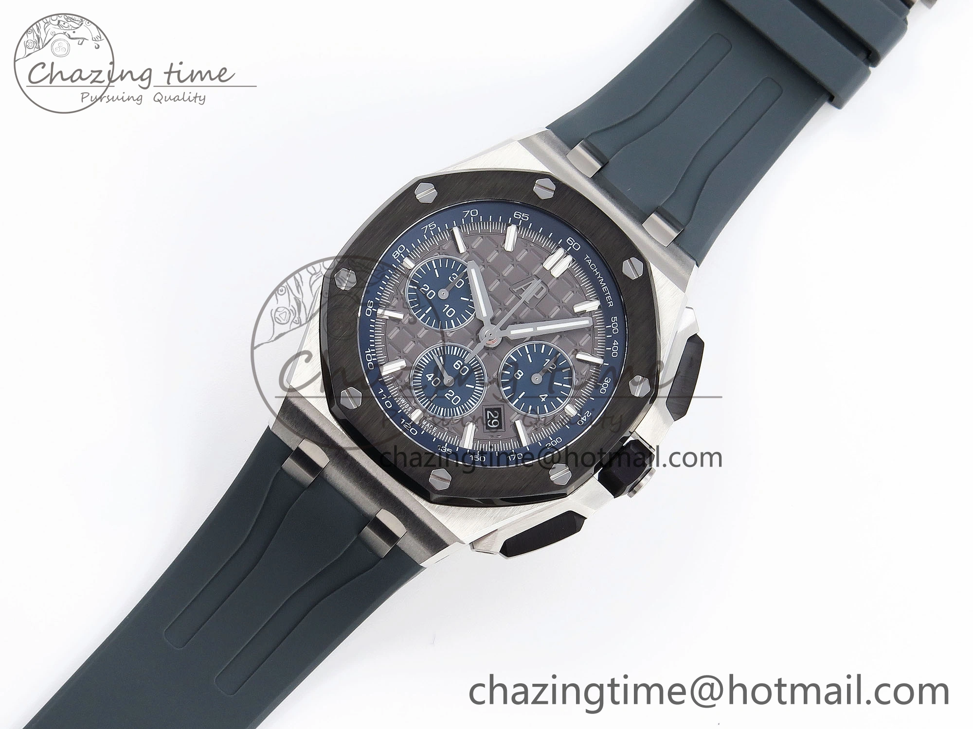 Royal Oak Offshore 44mm SS Black Ceramic Bezel APF 1:1 Best Edition Gray Blue Dial on Gray Rubber Strap A4401