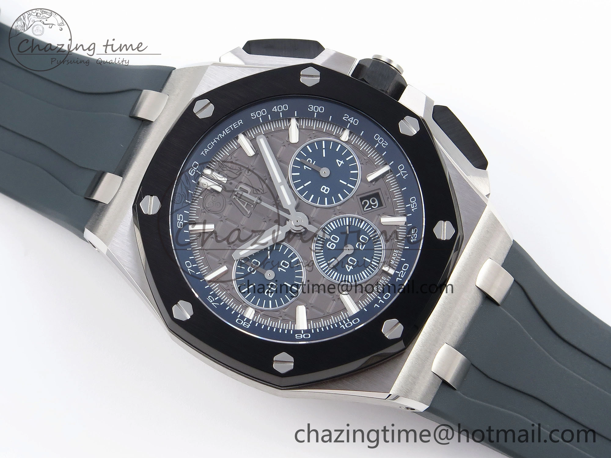 Royal Oak Offshore 44mm SS Black Ceramic Bezel APF 1:1 Best Edition Gray Blue Dial on Gray Rubber Strap A4401