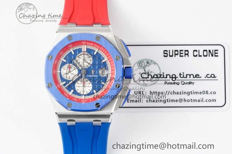 Royal Oak Offshore 44mm SS Blue Ceramic Bezel RSF Best Edition Blue Red Dial on Rubber Strap A3126