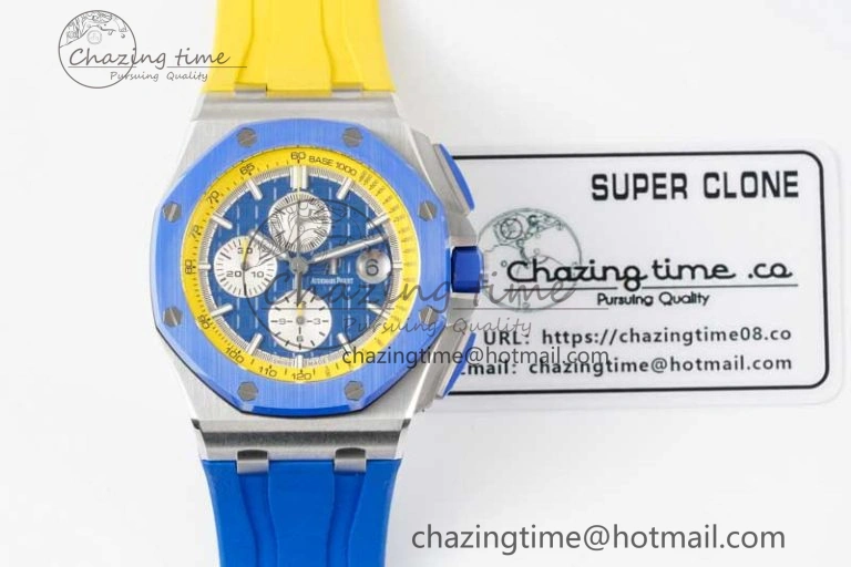 Royal Oak Offshore 44mm SS Blue Ceramic Bezel RSF Best Edition Blue Yellow Dial on Rubber Strap A3126