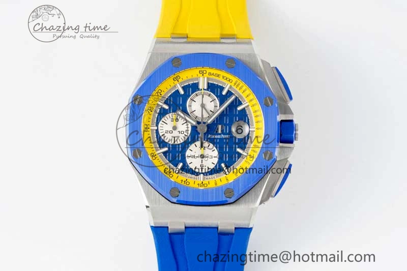 Royal Oak Offshore 44mm SS Blue Ceramic Bezel RSF Best Edition Blue Yellow Dial on Rubber Strap A3126