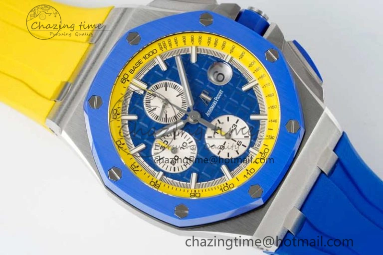 Royal Oak Offshore 44mm SS Blue Ceramic Bezel RSF Best Edition Blue Yellow Dial on Rubber Strap A3126