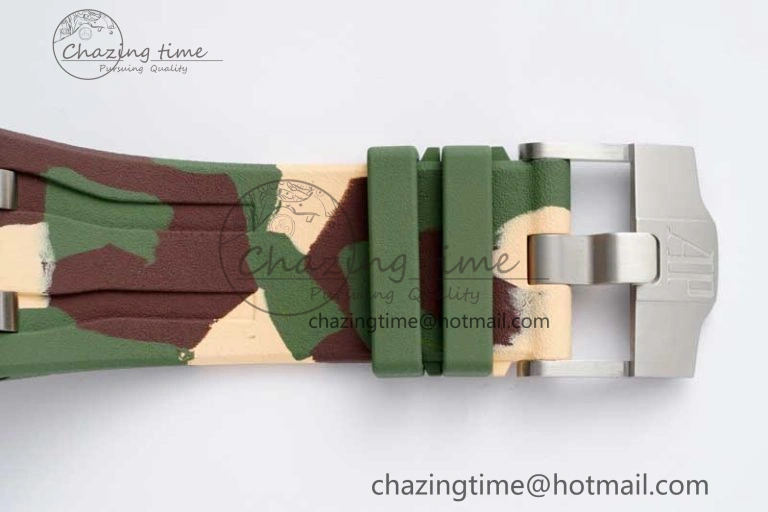 Royal Oak Offshore 44mm SS Green Ceramic Bezel APF 1:1 Best Edition Cream Dial on Camo Rubber Strap A3126