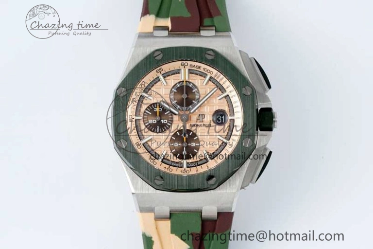 Royal Oak Offshore 44mm SS Green Ceramic Bezel APF 1:1 Best Edition Cream Dial on Camo Rubber Strap A3126