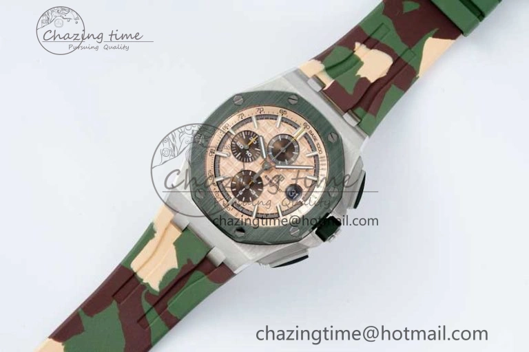 Royal Oak Offshore 44mm SS Green Ceramic Bezel APF 1:1 Best Edition Cream Dial on Camo Rubber Strap A3126