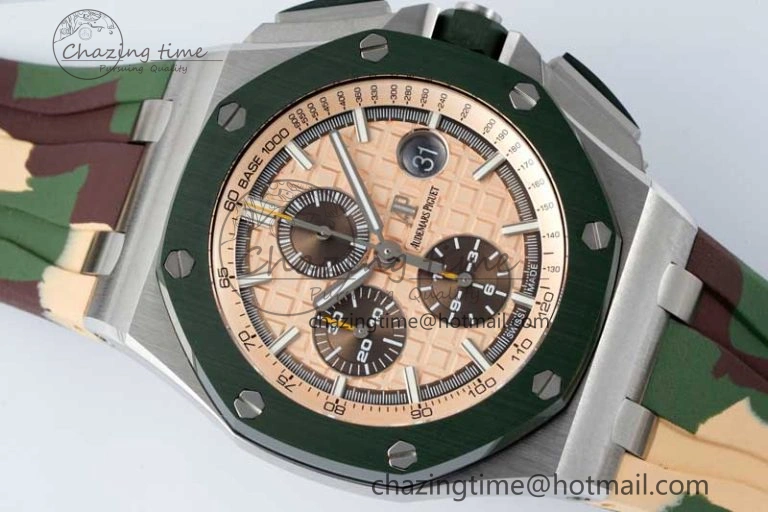 Royal Oak Offshore 44mm SS Green Ceramic Bezel APF 1:1 Best Edition Cream Dial on Camo Rubber Strap A3126