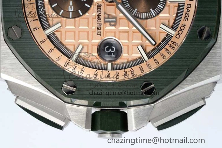 Royal Oak Offshore 44mm SS Green Ceramic Bezel APF 1:1 Best Edition Cream Dial on Camo Rubber Strap A3126