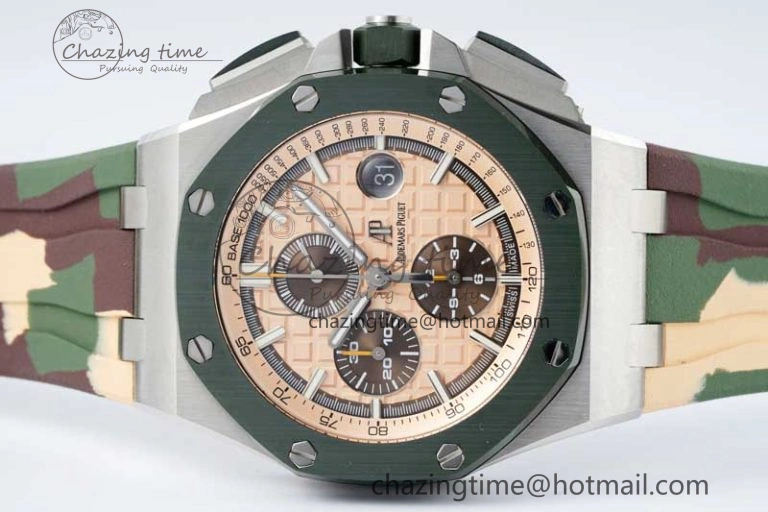 Royal Oak Offshore 44mm SS Green Ceramic Bezel APF 1:1 Best Edition Cream Dial on Camo Rubber Strap A3126