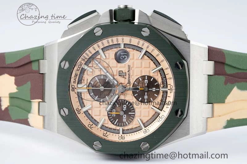 Royal Oak Offshore 44mm SS Green Ceramic Bezel APF 1:1 Best Edition Cream Dial on Camo Rubber Strap A3126