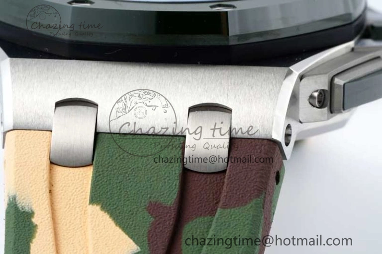 Royal Oak Offshore 44mm SS Green Ceramic Bezel APF 1:1 Best Edition Cream Dial on Camo Rubber Strap A3126