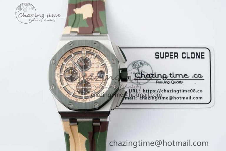 Royal Oak Offshore 44mm SS Green Ceramic Bezel APF 1:1 Best Edition Cream Dial on Camo Rubber Strap A3126