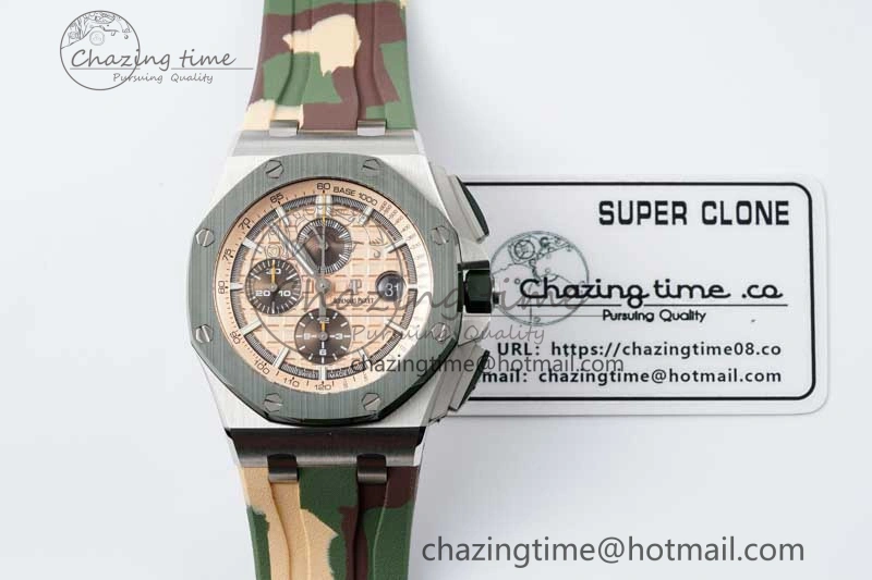Royal Oak Offshore 44mm SS Green Ceramic Bezel APF 1:1 Best Edition Cream Dial on Camo Rubber Strap A3126