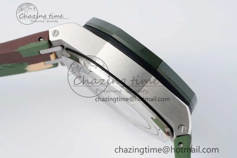 Royal Oak Offshore 44mm SS Green Ceramic Bezel APF 1:1 Best Edition Cream Dial on Camo Rubber Strap A3126