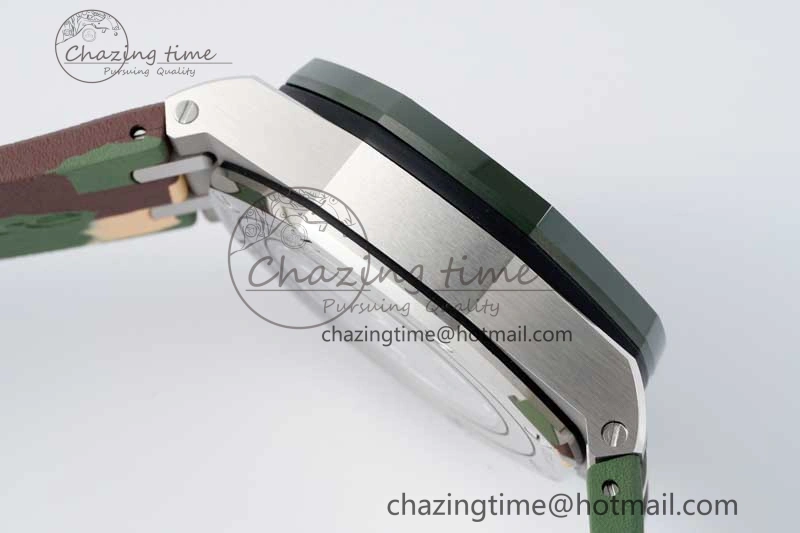Royal Oak Offshore 44mm SS Green Ceramic Bezel APF 1:1 Best Edition Cream Dial on Camo Rubber Strap A3126