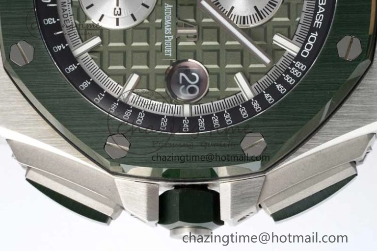 Royal Oak Offshore 44mm SS Green Ceramic Bezel APF 1:1 Best Edition Green Silver Dial on Camo Rubber Strap A3126