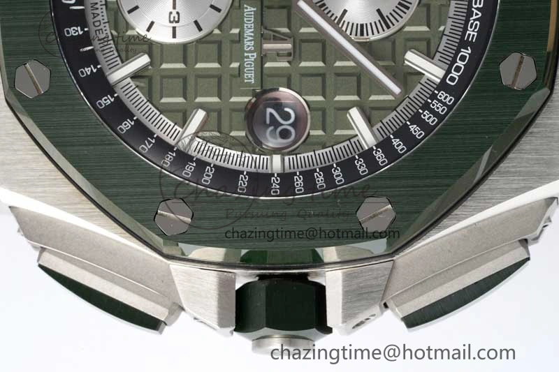 Royal Oak Offshore 44mm SS Green Ceramic Bezel APF 1:1 Best Edition Green Silver Dial on Camo Rubber Strap A3126