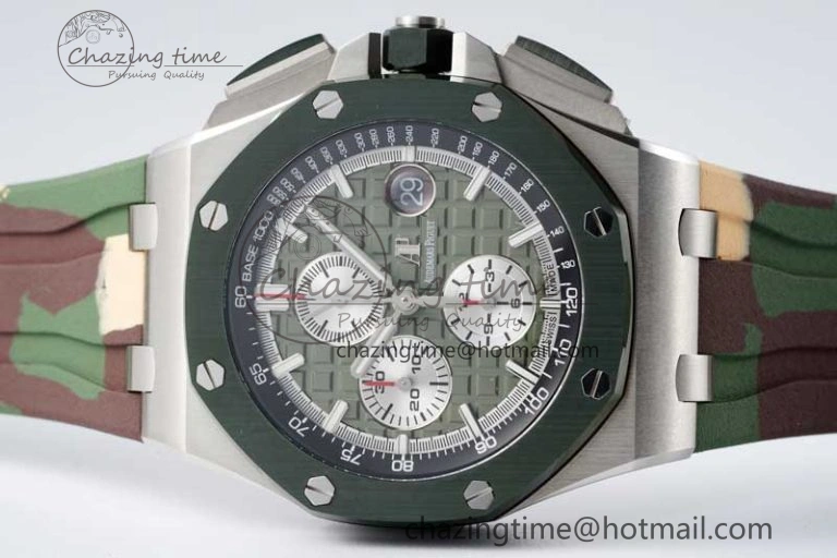 Royal Oak Offshore 44mm SS Green Ceramic Bezel APF 1:1 Best Edition Green Silver Dial on Camo Rubber Strap A3126