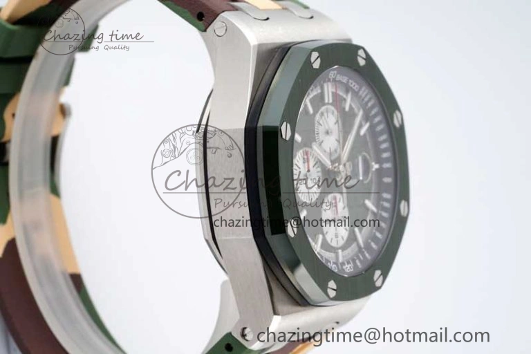 Royal Oak Offshore 44mm SS Green Ceramic Bezel APF 1:1 Best Edition Green Silver Dial on Camo Rubber Strap A3126