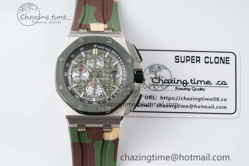Royal Oak Offshore 44mm SS Green Ceramic Bezel APF 1:1 Best Edition Green Silver Dial on Camo Rubber Strap A3126