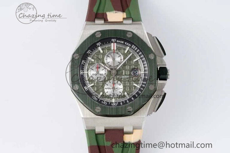 Royal Oak Offshore 44mm SS Green Ceramic Bezel APF 1:1 Best Edition Green Silver Dial on Camo Rubber Strap A3126